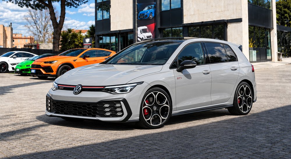 Volkswagen Golf GTI grigia davanti alla sede Skylimit