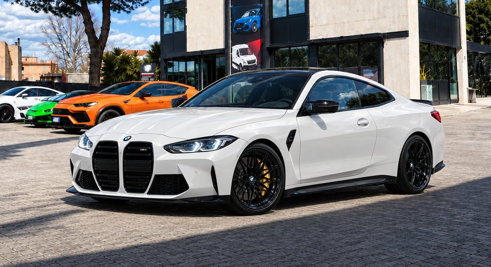 BMW M4 bianca davanti alla sede Skylimit